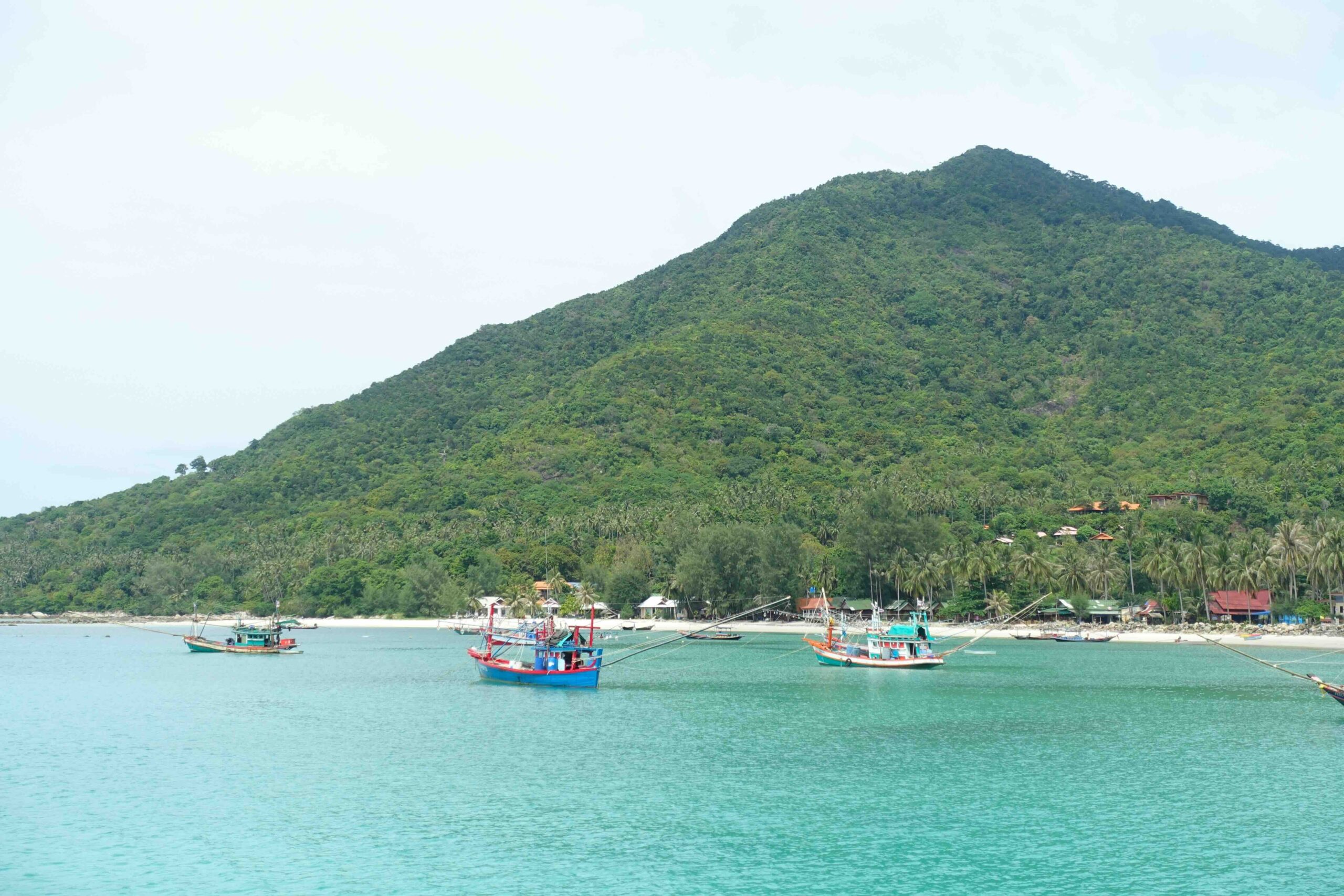 “Colorful fishing boats anchored in a bay off Koh Phangan, Thailand.”