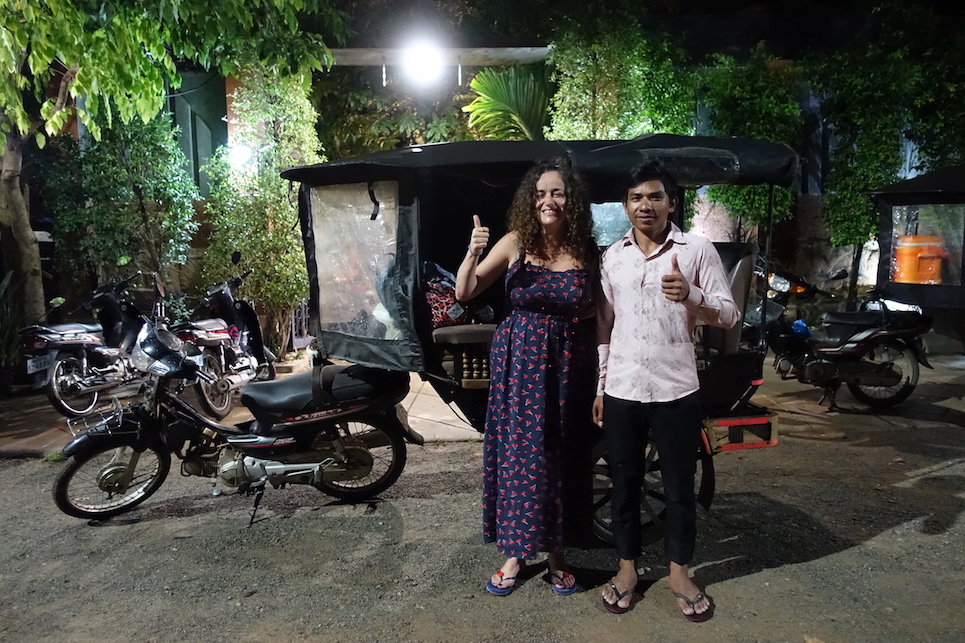 Pilar and her Angkor Wat Tuk Tuk driver in front of the tuk tuk at the end of the day. Close to Pilar;s hotel