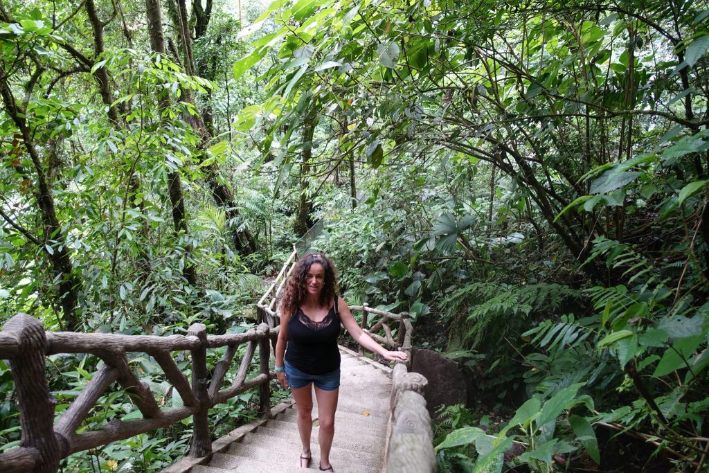 Pilar desdending the bamboo stairs on the way to :a Fortuna waterfall. There are lush vegetation on both sides.