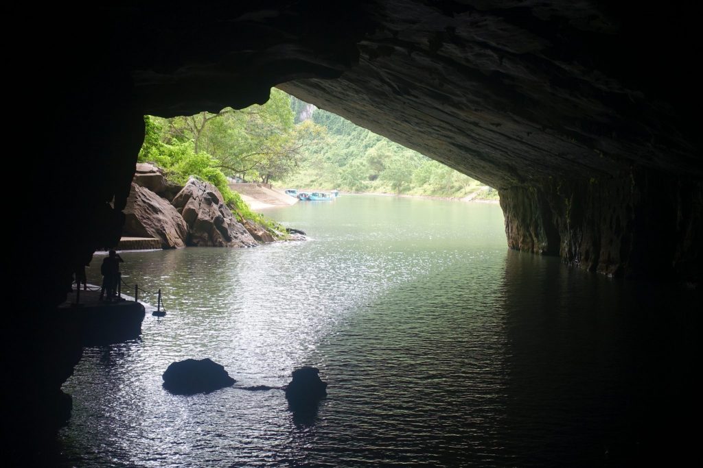 A view of the water from the entrance of Phong Nha cave. You can see some green trees on the left hand side