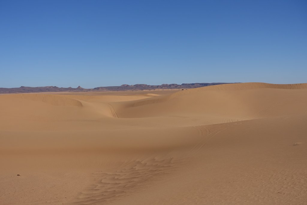 A view of the vastness of the Sahara desert sand and the Hamada on the back