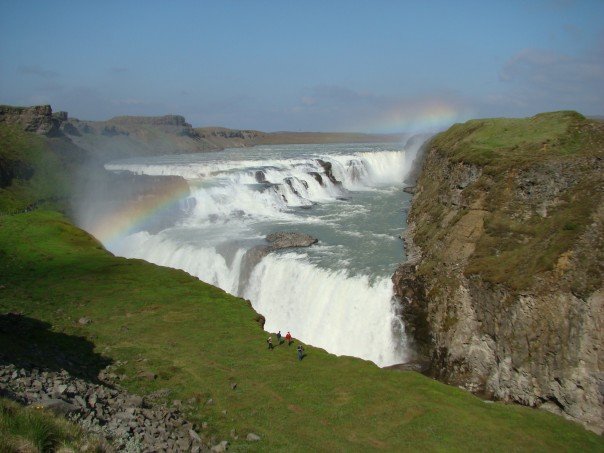 A view of GullFoss waterfall in Iceland with a rainbow