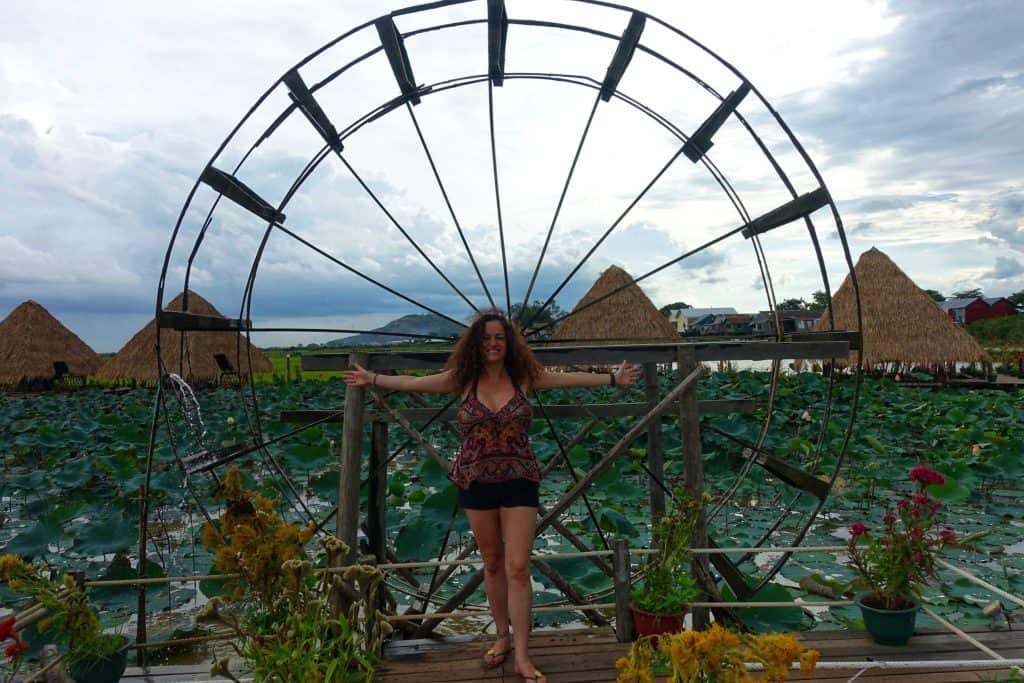 Pilar at posing at a mill in the Lotus flowers farm in Siem Reap