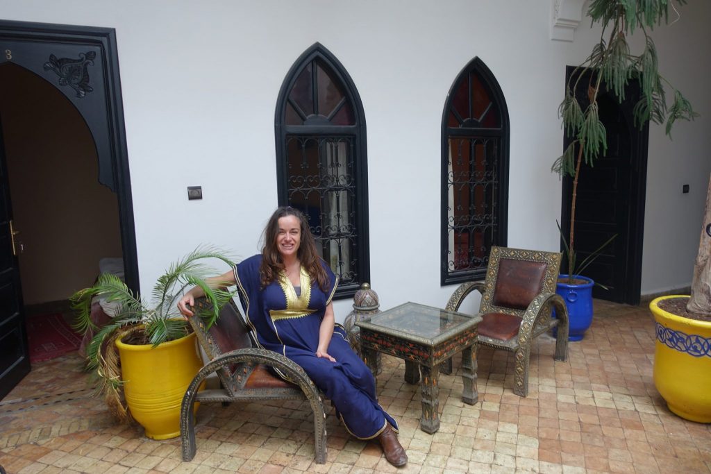 Pilar sitting at the patio of Riad Hannah