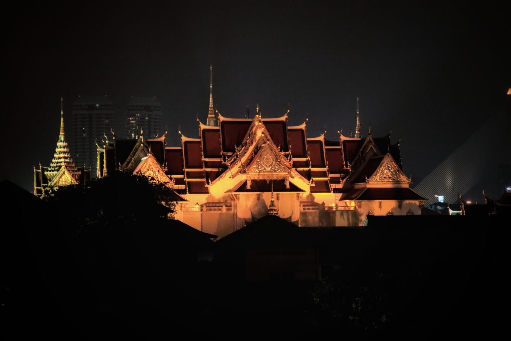 A night view of the golden towers of the Bangkok Night palace 