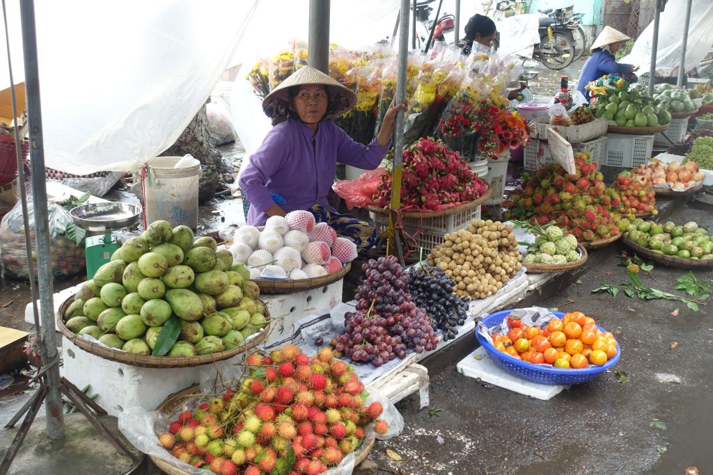 Woman selling fruits in a local market in Ben Tre in the Mekong delta in Vietnam. She is wearing the typical Vietnamese dress and a pruple color outfit