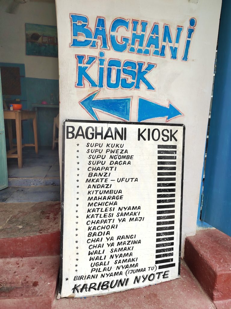 Places to eat in Stone Town, Baghani kiosk with the menu in Swahili at the door