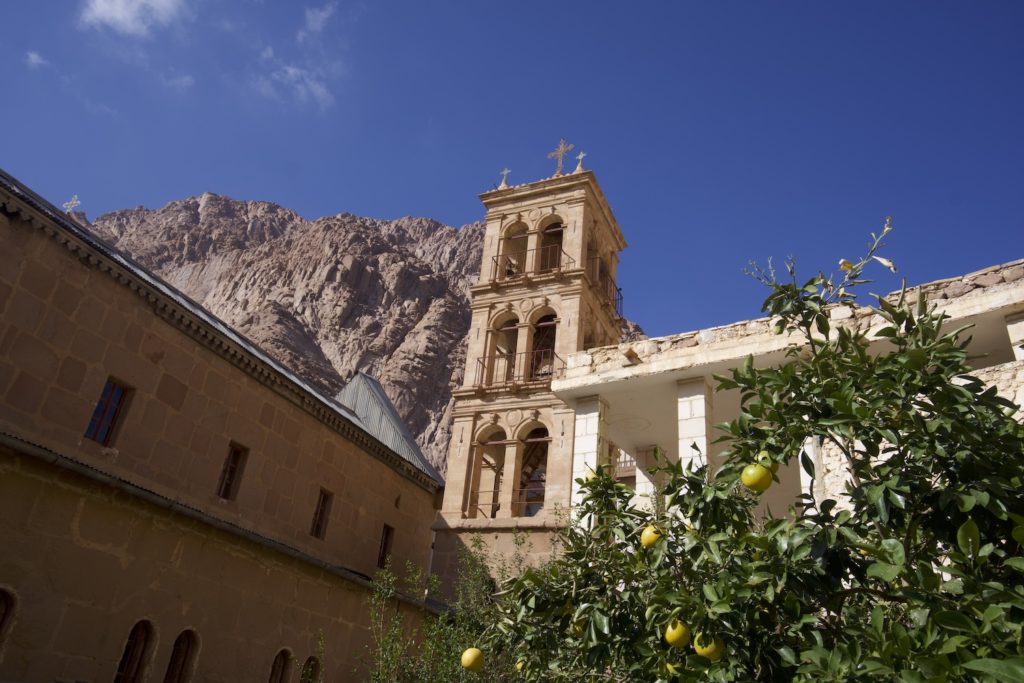 The mosque inside Saint Catherine monastery and a lemon tree during the Mount Sinai climb