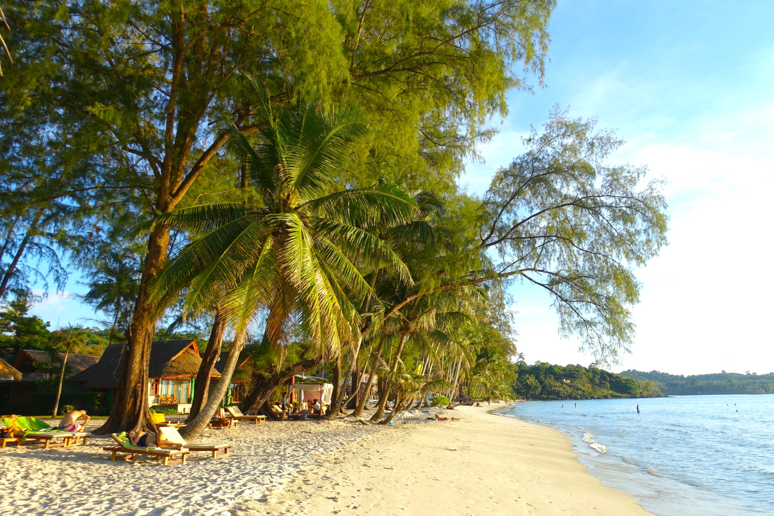 Palm trees, white sand, some huts and a calm sea at Khlong Chao beach in Koh Kood