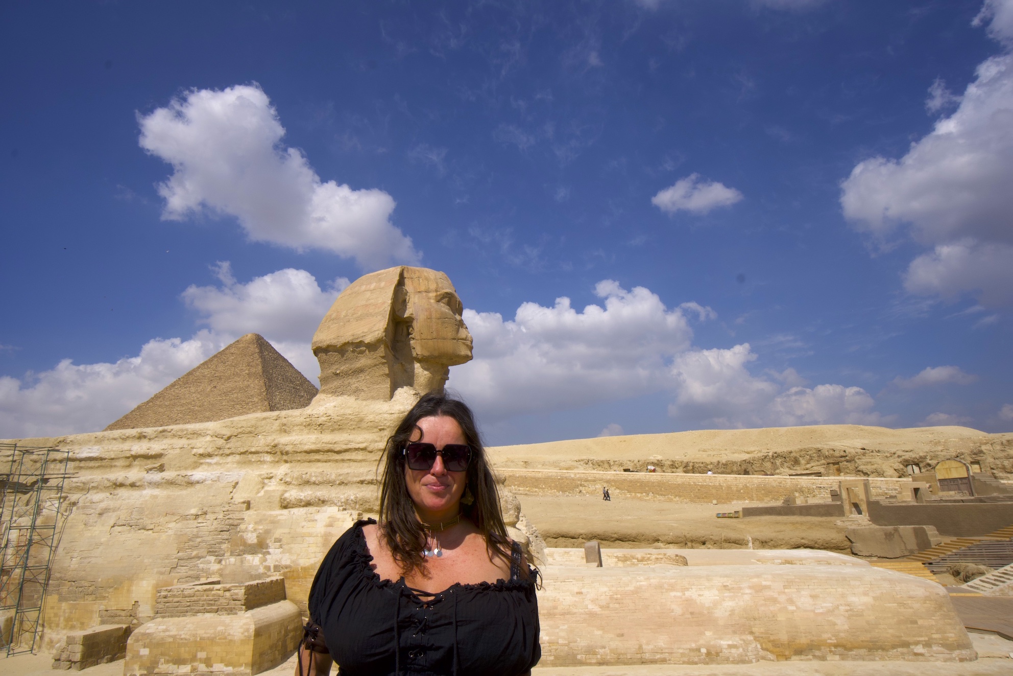 Pilar and the Sphinx at the back in the Pyramids of Giza complex