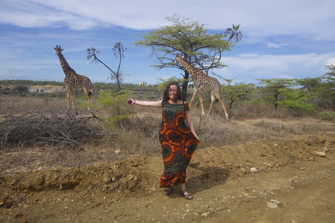 Pilar with two giraffes