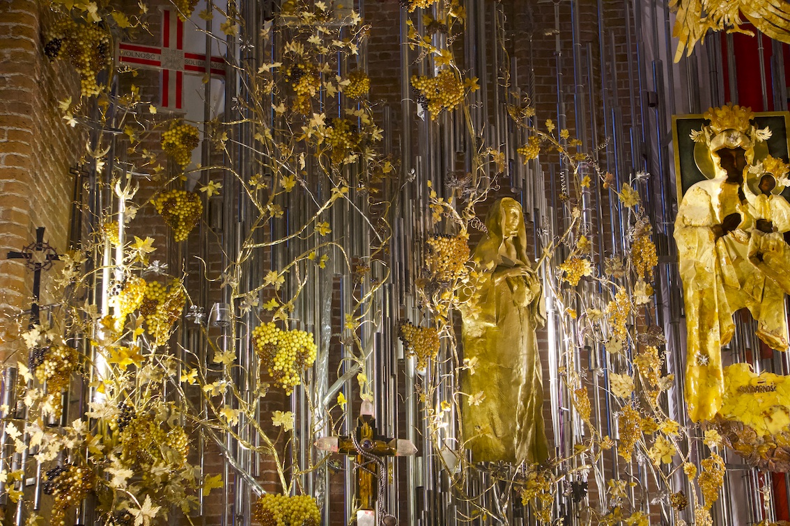 A closed view of the Amber Virgin Mary on the amber altar on Saint Bridget Church in Gdansk