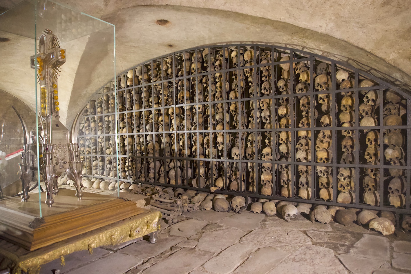 A view of many skulls in a crypt in the crypt of skulls in Saint Bridget church in Gdansk