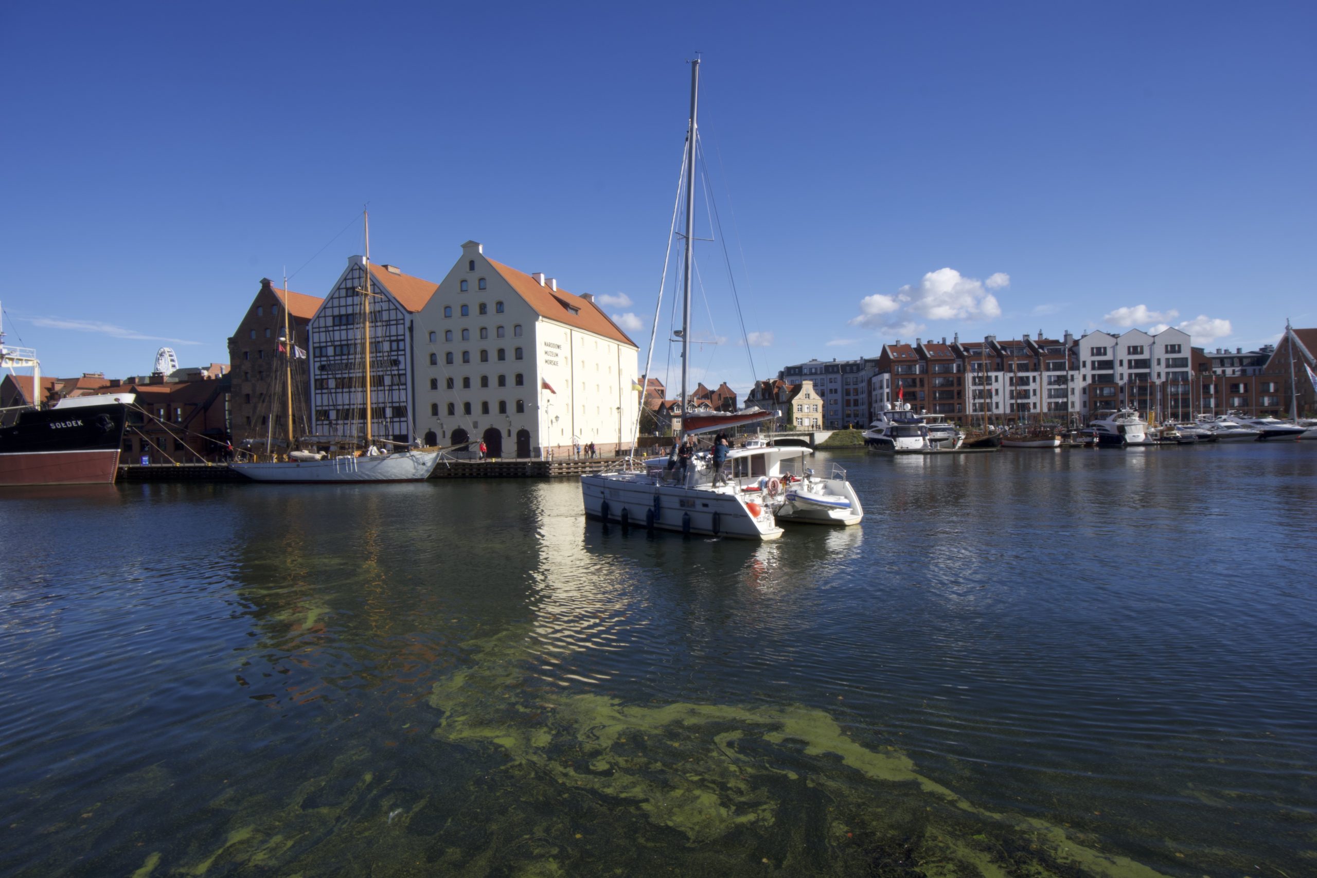 A view of Gdansk , the Motlawa river and some boats