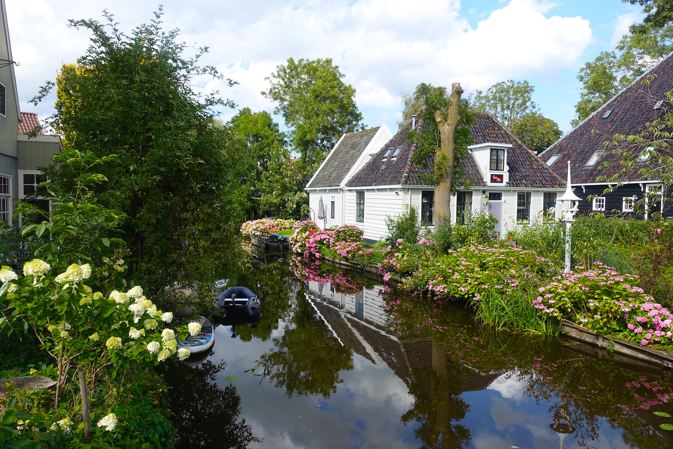 Broek in Waterland house with pink and white flowers and water reflections