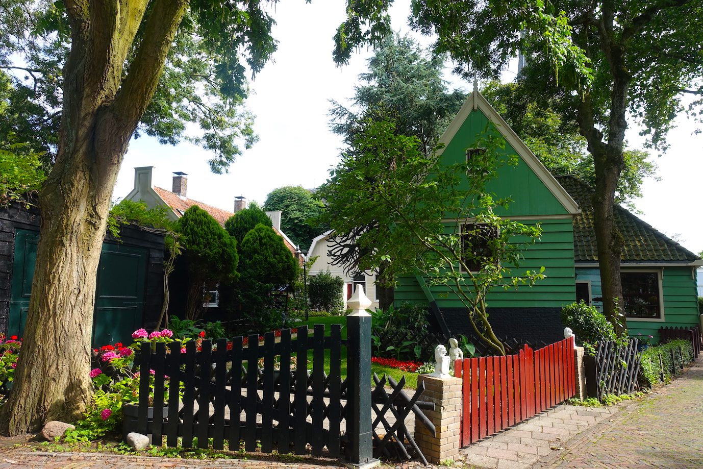 Green wooden house with red and black fence and a tree in Broek in Waterland