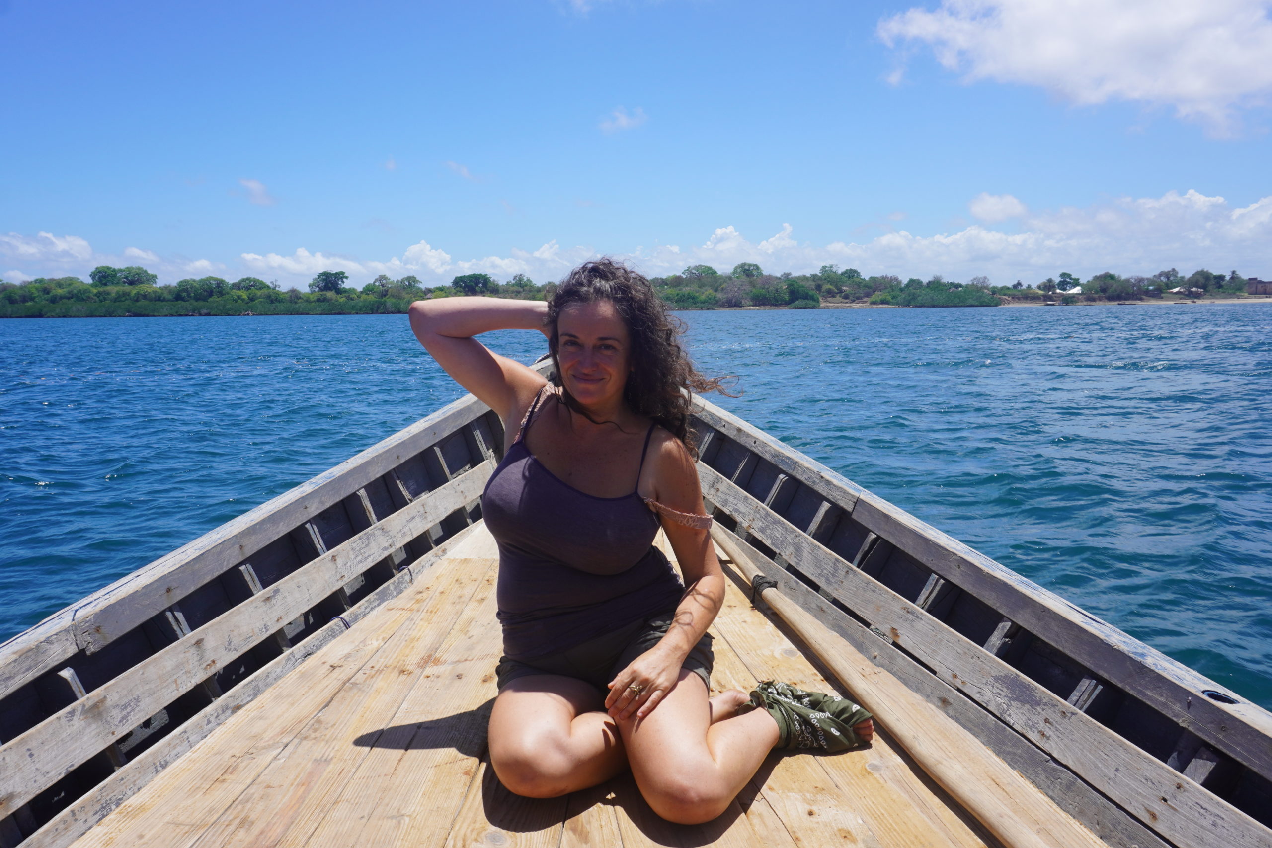 Pilar on the boat from Kilwa Masoko to Kilwa Kisiwani