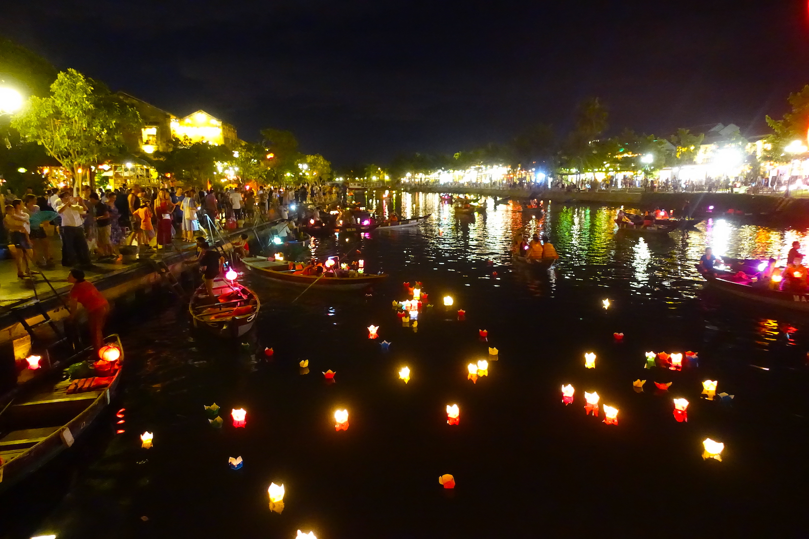 Lanterns floating in Hoi An at night