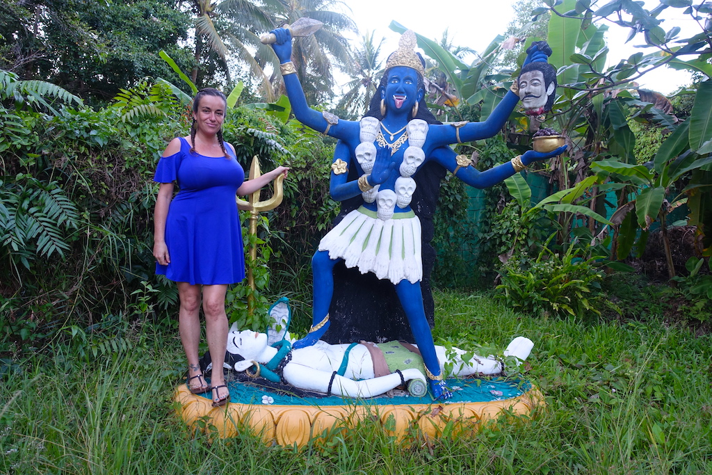 Pilar with the Kali statue outside of Agama yoga in Koh Phangan