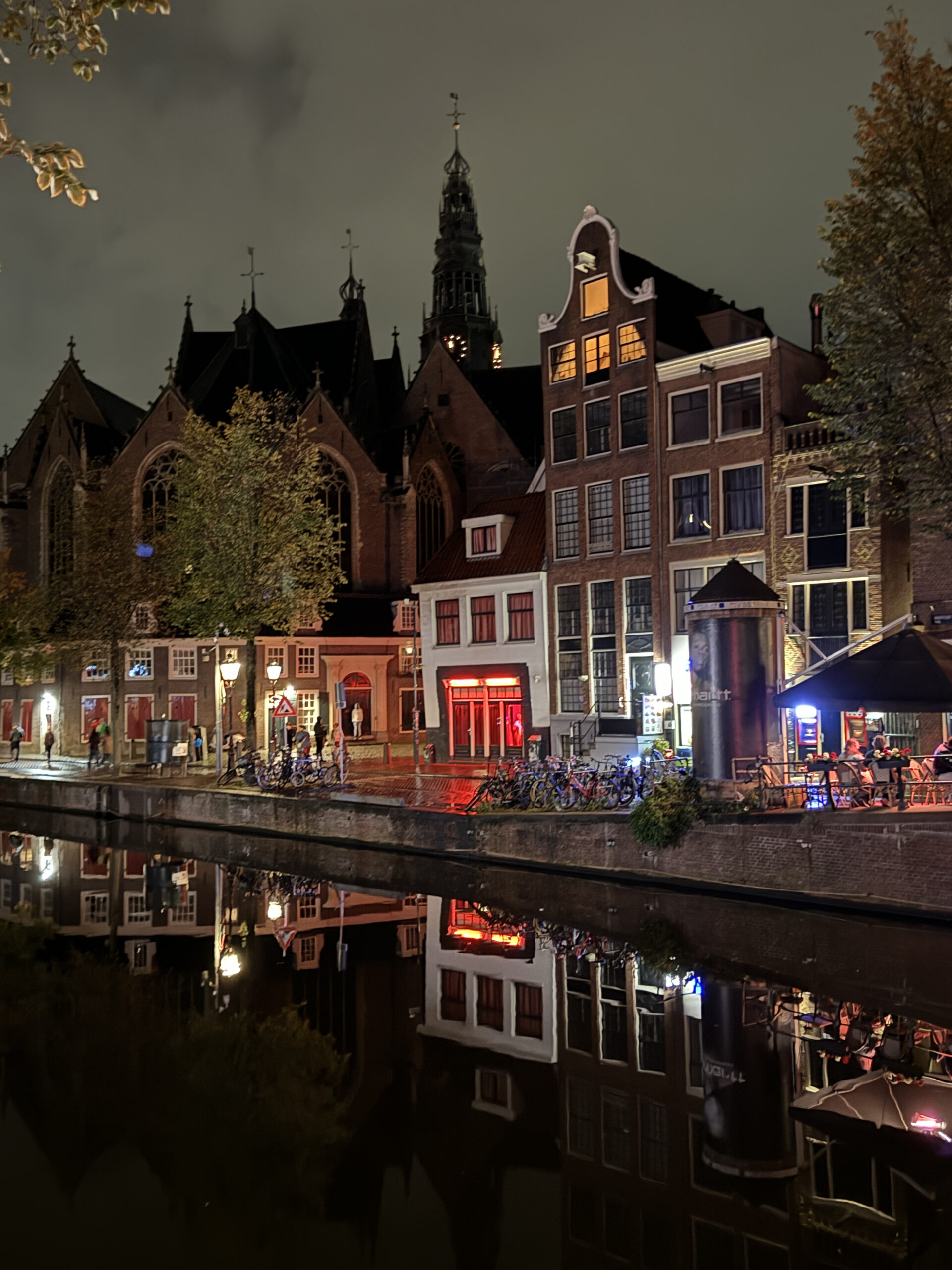 Oude Kerk and a brothel and beautiful night canal reflections