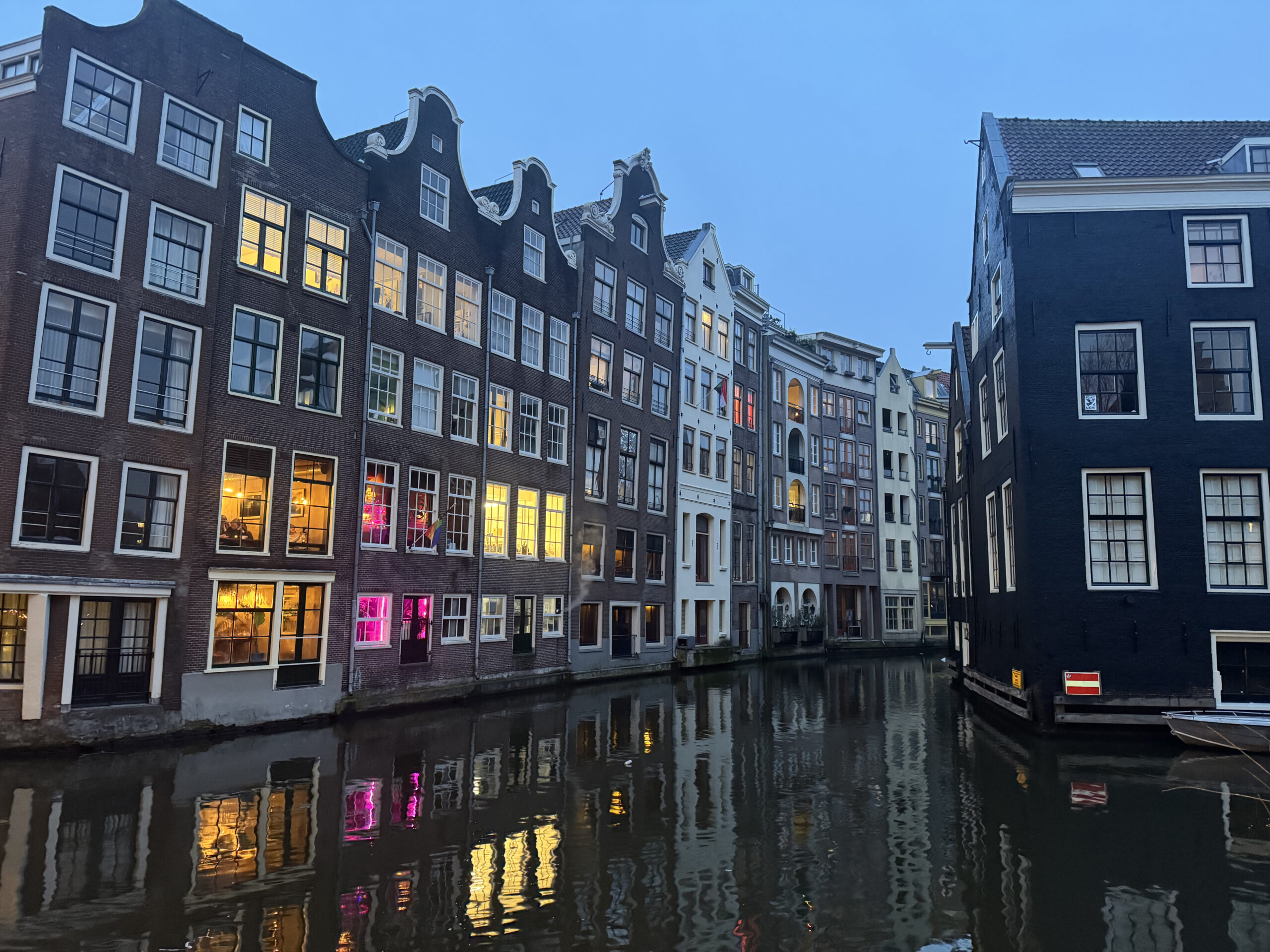 Canal view with historic houses in the Amsterdam Red Light District