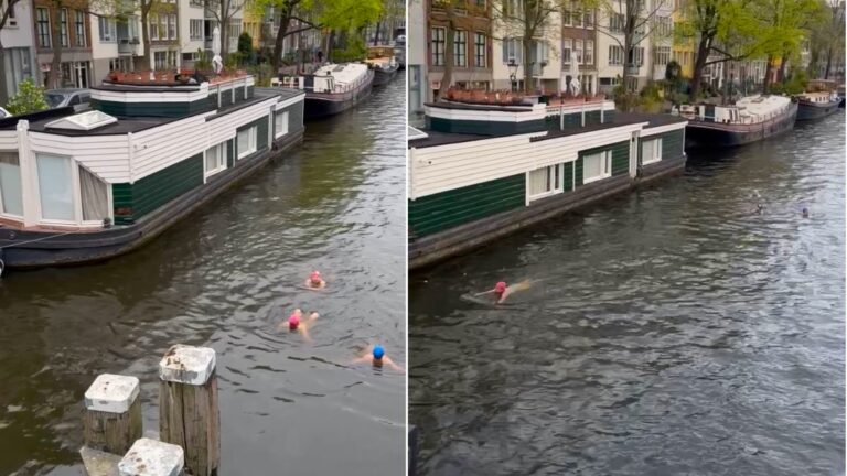 People swimming in Amsterdam canals near houseboats – unusual things to do in Amsterdam