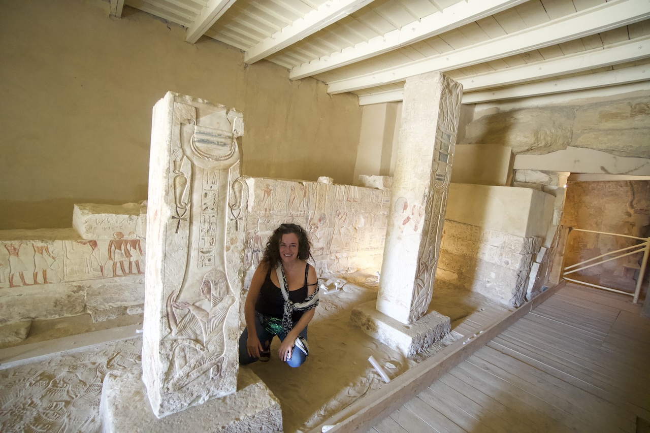 Pilar inside Saqqara tomb with carved stone columns
